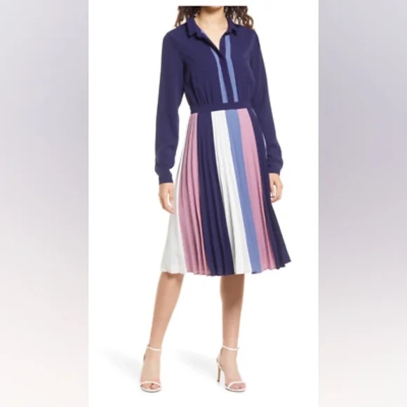 Adelyn Rae Dresses & Skirts - Elegant Navy and Pink Pleated Dress Long-sleeve Medium